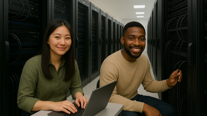 twee studenten lachend achter een laptop