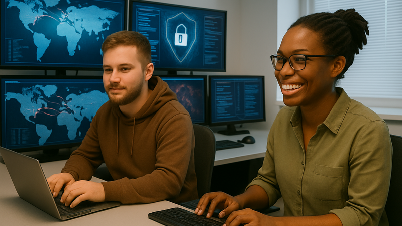 twee studenten achter een laptop werkend