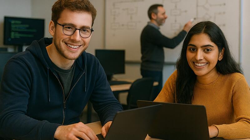 Twee studenten achter een laptop in de klas