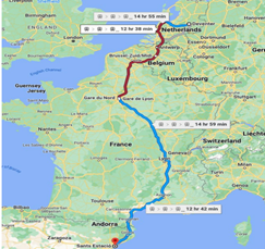 De routekaart van Deventer naar Barcelona met de trein