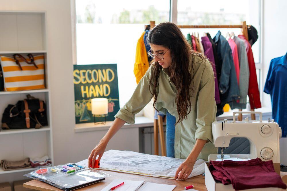 Een jonge vrouw maakt kleding in een atelier