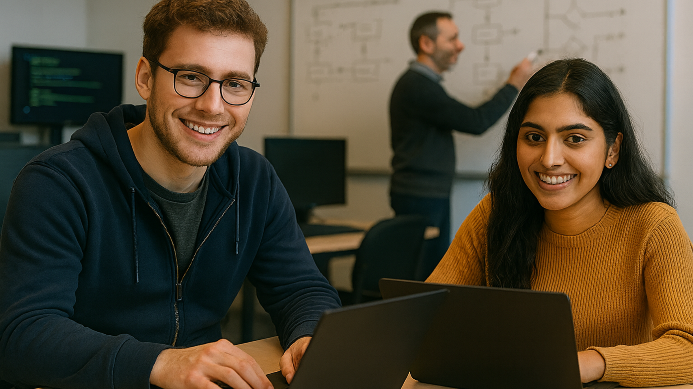 Twee volwassenen achter een laptop