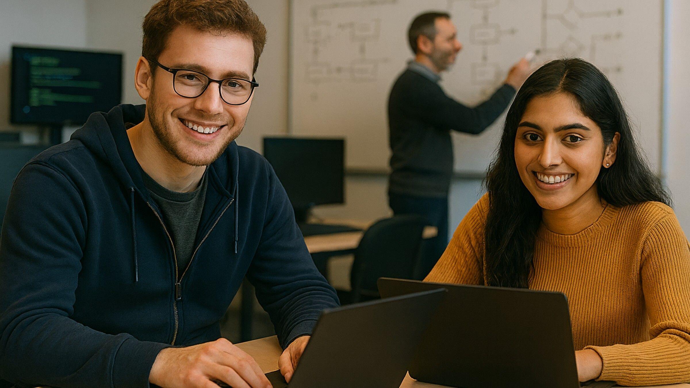 Twee studenten achter een laptop in de klas